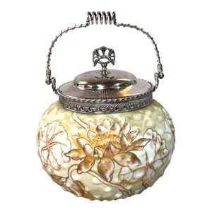 Mt Washington Antique Victorian Biscuit Jar Sugar Silver Plated Lid Floral Lotus
